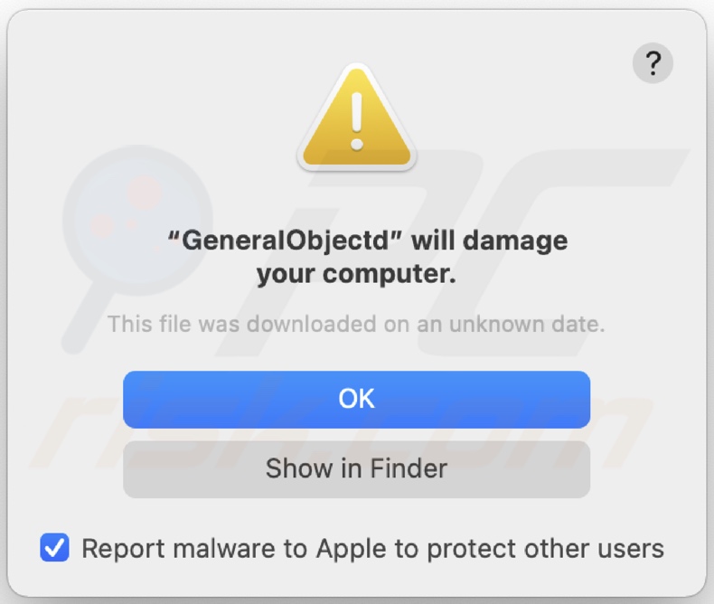 Ventana emergente que se muestra cuando el adware GeneralObject se ha instalado en el sistema