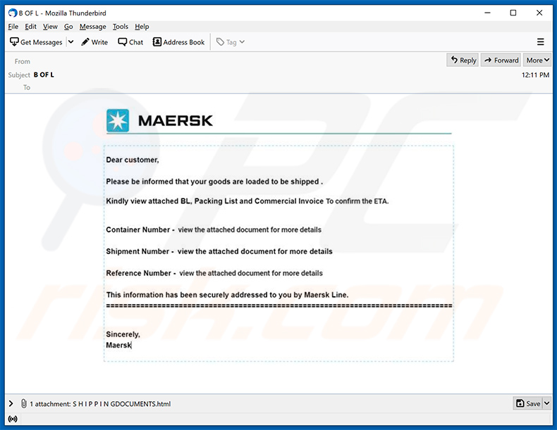 Email no deseado con el tema de Maersk que promociona un archivo HTML de phishing