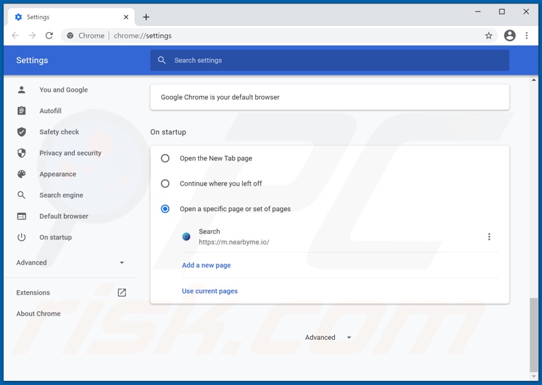 Eliminando nearbyme.io de la página de inicio de Google Chrome