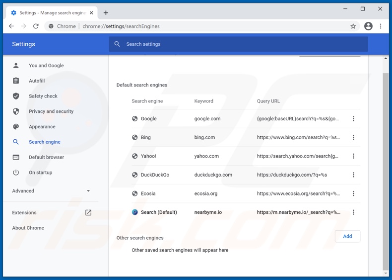 Eliminando nearbyme.io del motor de búsqueda predeterminado de Google Chrome