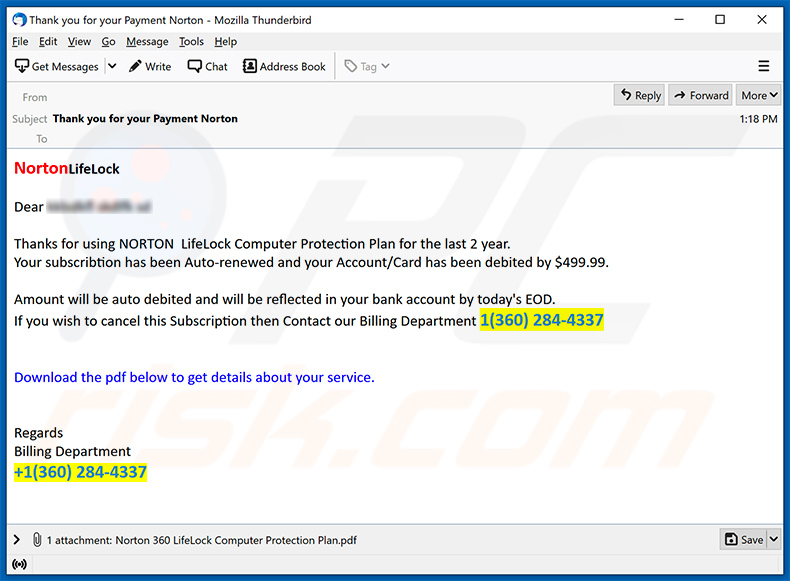 Email no deseado con temática de Norton que promueve una estafa de phishing (27 de mayo de 2021)