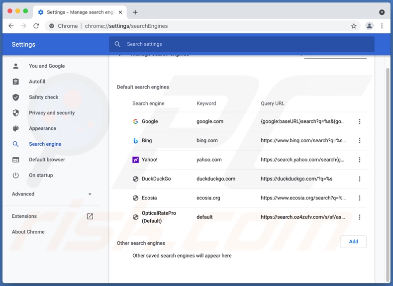 El motor de búsqueda del secuestrador de navegador OpticalRatePro (search.oz4zufv.com) está configurado como predeterminado en Chrome