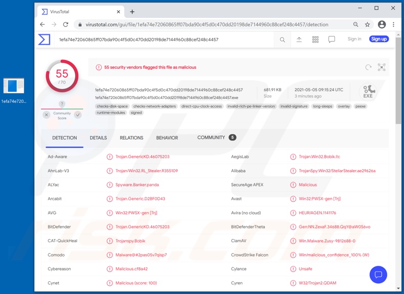 Detecciones de malware Panda en VirusTotal