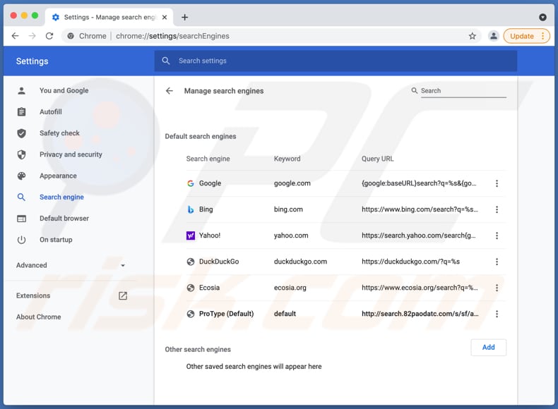 Secuestrador de navegador ProTypees search.82paodatc.com como motor de búsqueda predeterminado Chrome