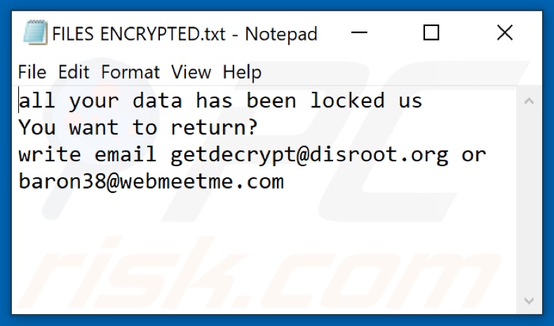 Archivo de texto del ransomware Root (FILES ENCRYPTED.txt)