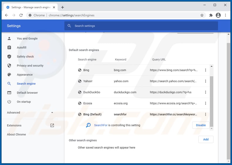 Eliminando searchfor.cc del motor de búsqueda predeterminado de Google Chrome