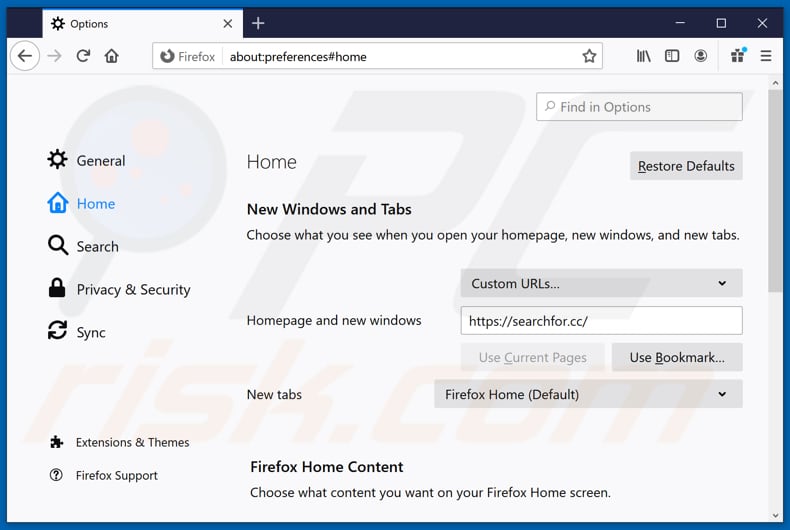 Eliminando searchfor.cc de la página de inicio de Mozilla Firefox