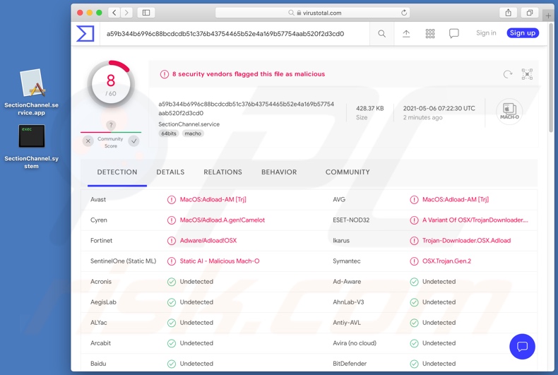 Detecciones de adware SectionChannel en VirusTotal