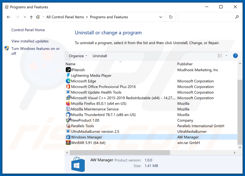 Desinstalar el adware Windows Manager a través del Panel de Control