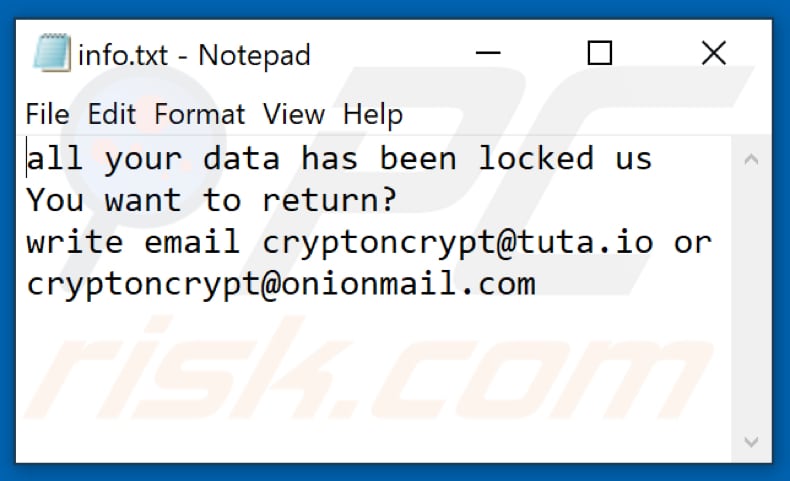 Archivo de texto del ransomware Cryptoncrypt (info.txt)