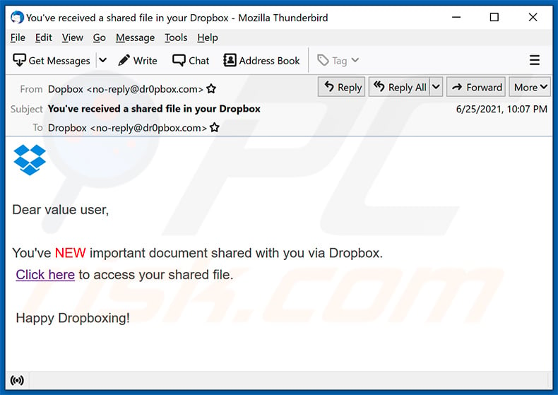 Email no deseado con temática de Dropbox (30 de junio de 2021)