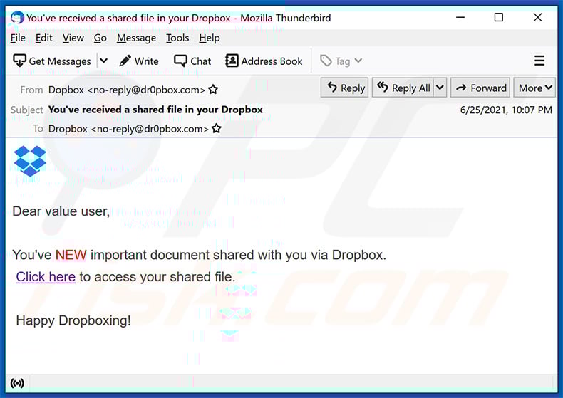 Email no deseado con temática de Dropbox (30 de junio de 2021)