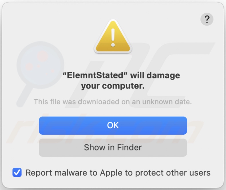 Ventana emergente que se muestra cuando el adware ElemntState está presente en el sistema