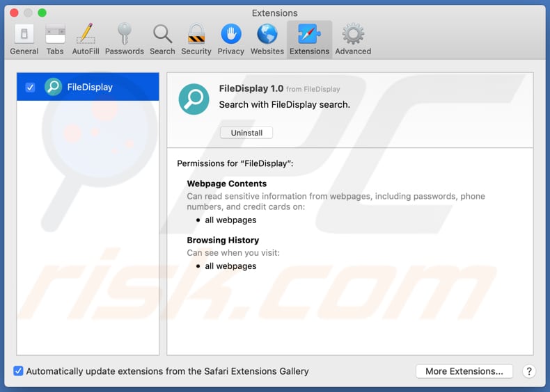 Extensión de Safari del adware FileDisplay