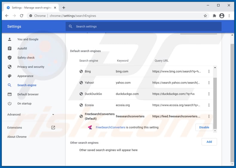 Eliminando freesearchconverters.com del motor de búsqueda predeterminado de Google Chrome