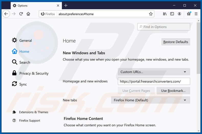 Eliminando freesearchconverters.com de la página de inicio de Mozilla Firefox