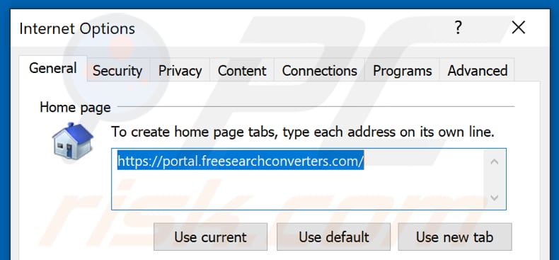 Eliminando freesearchconverters.com de la página de inicio de Internet Explorer