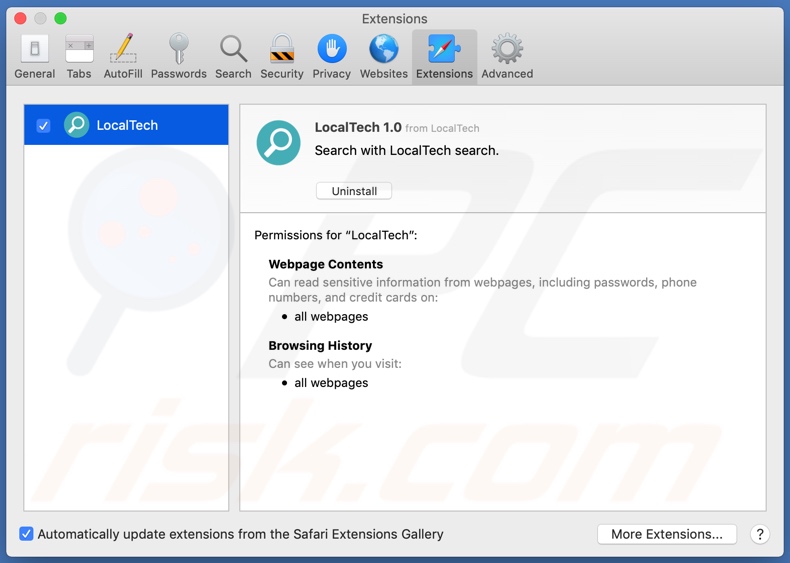 Adware LocalTech instalado en Safari