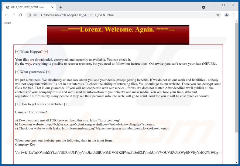 Mensaje de petición de rescate del ransomware Lorenz (