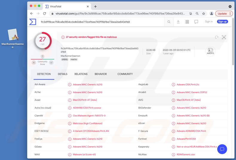 Detecciones del adware MacRunnerDaemon en VirusTotal