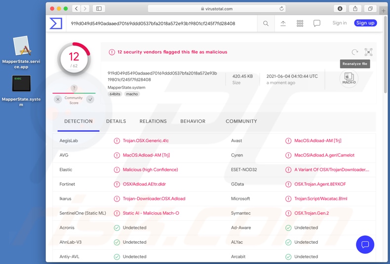 Detecciones de adware MapperState en VirusTotal