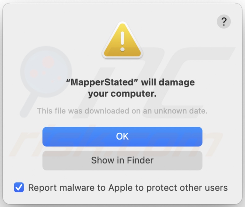 Ventana emergente que se muestra cuando el adware MapperState está presente en el sistema