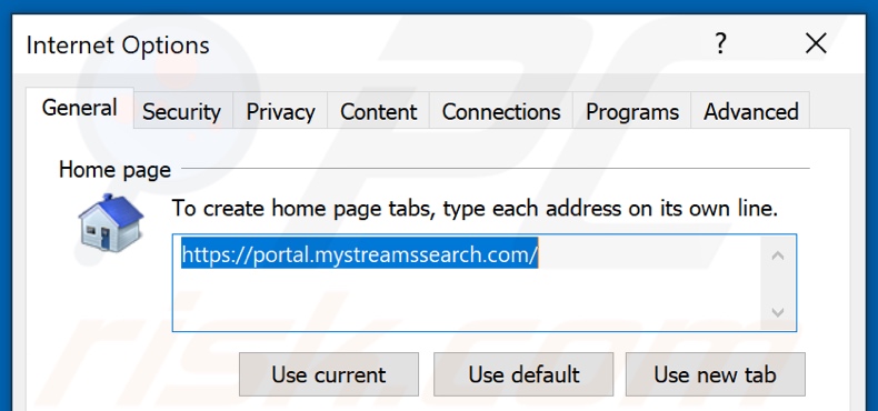 Eliminando mystreamssearch.com de la página de inicio de Internet Explorer