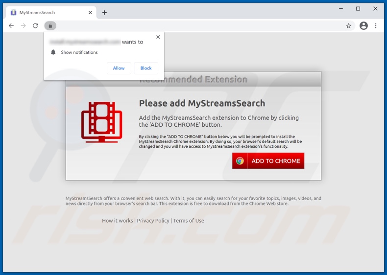 Sitio web usado para promover el secuestrador de navegador MyStreamsSearch (Chrome) 2