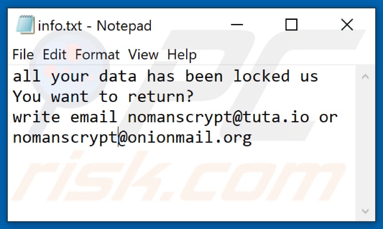 Archivo de texto del ransomware Nmc (info.txt)
