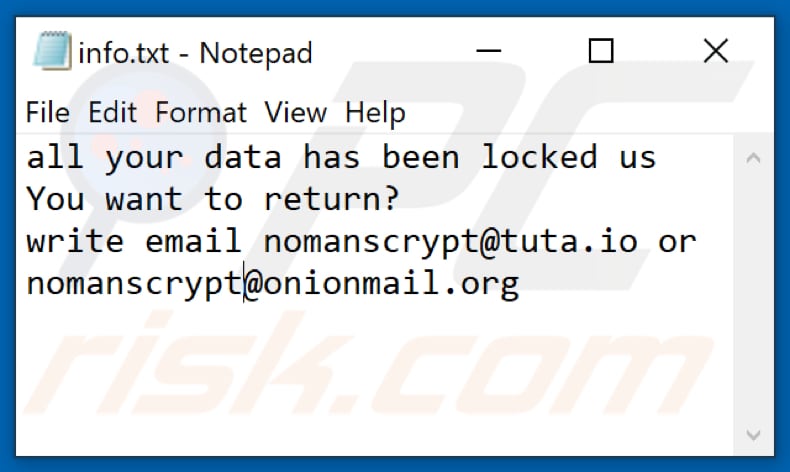 Archivo de texto del ransomware Nmc (info.txt)