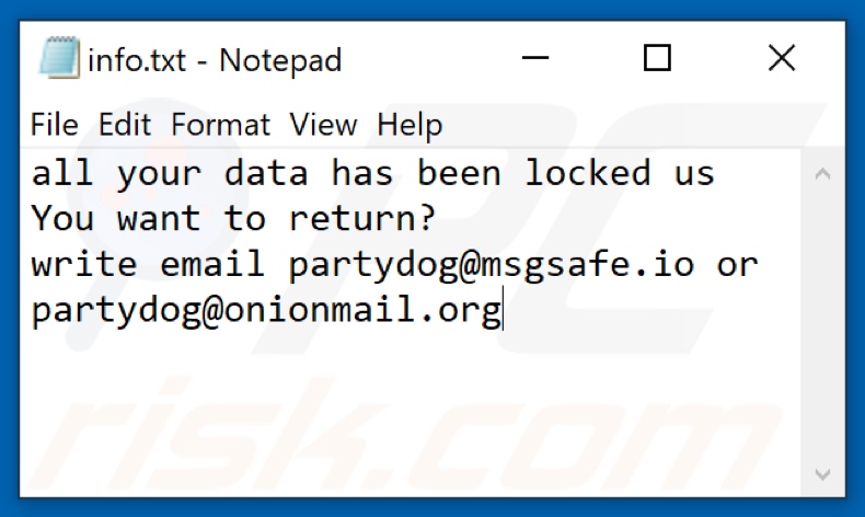 Archivo de texto del ransomware PARTYDOG (info.txt)