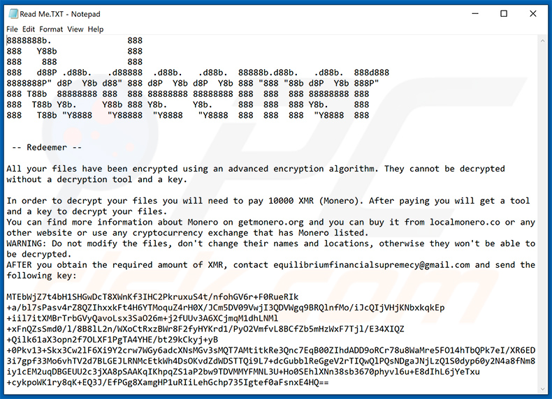 Mensaje del ransomware Redeemer exigiendo un rescate (Read Me.TXT)