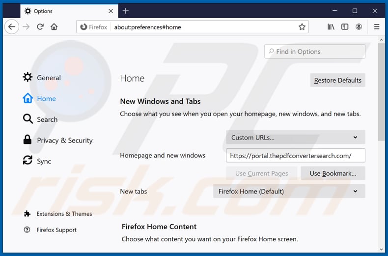Eliminando thepdfconvertersearch.com de la página de inicio de Mozilla Firefox