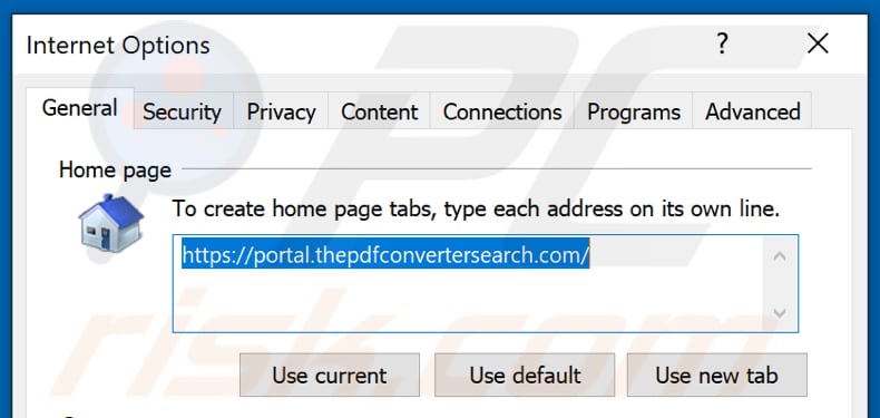Eliminando thepdfconvertersearch.com de la página de inicio de Internet Explorer