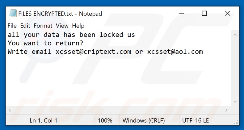 Archivo de texto del ransomware Xcss (FILES ENCRYPTED.txt)