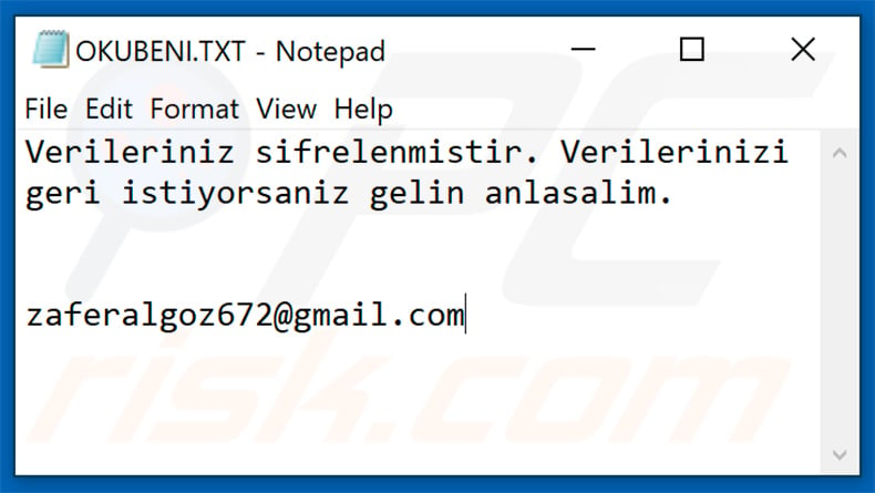 Nota turca del ransomware ZEPPELIN (OKUBENI.TXT)