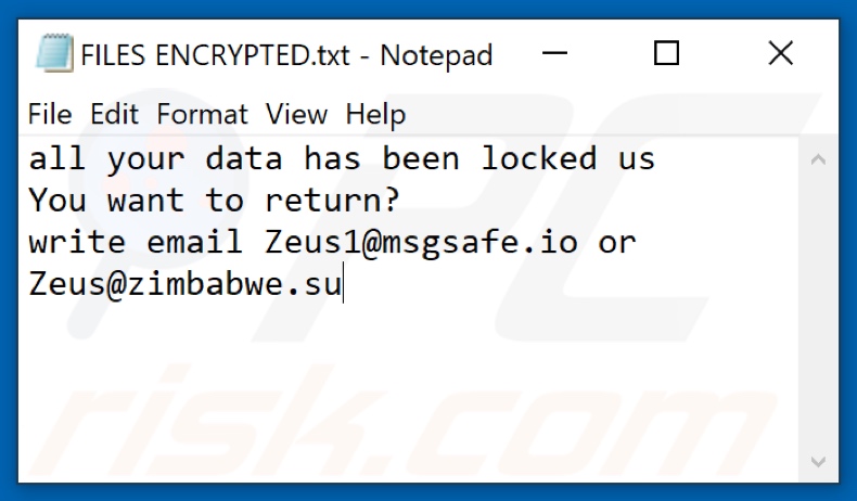 Archivo de texto del ransomware ZEUS (FILES ENCRYPTED.txt)