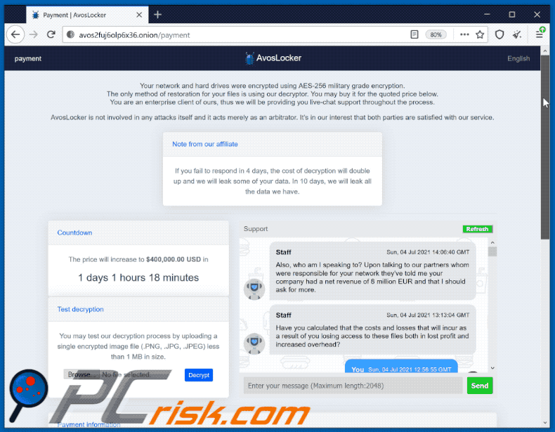 Sitio web del ransomware AvosLocker