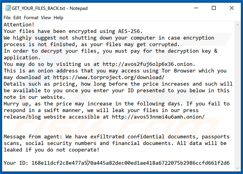 Instrucciones de desencriptado de AvosLocker (GET_YOUR_FILES_BACK.txt)