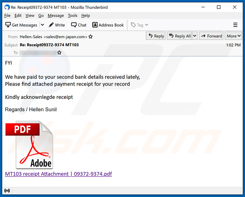 Correo electrónico de spam con temática de pagos bancarios utilizado para promocionar un sitio web de phishing (2021-07-08)
