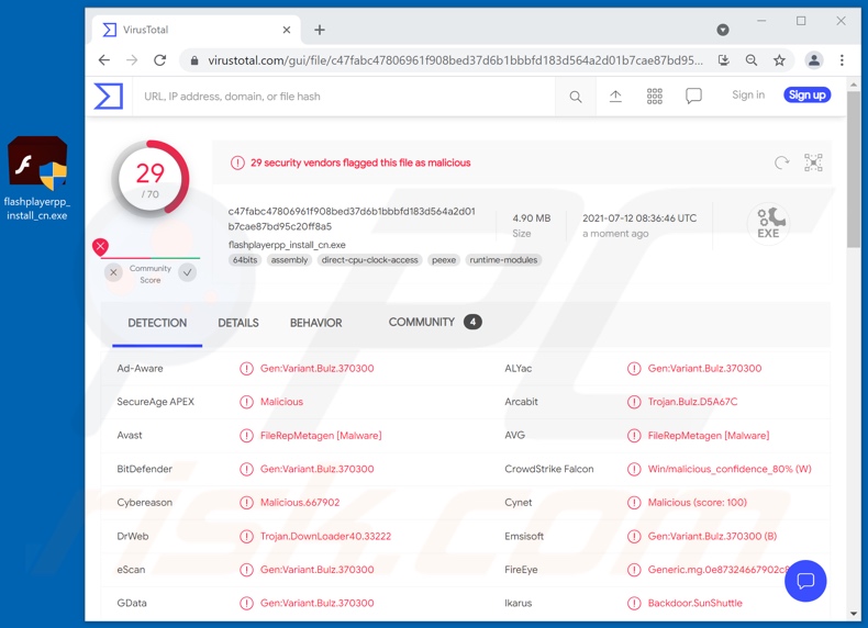 Detecciones de malware BIOPASS en VirusTotal