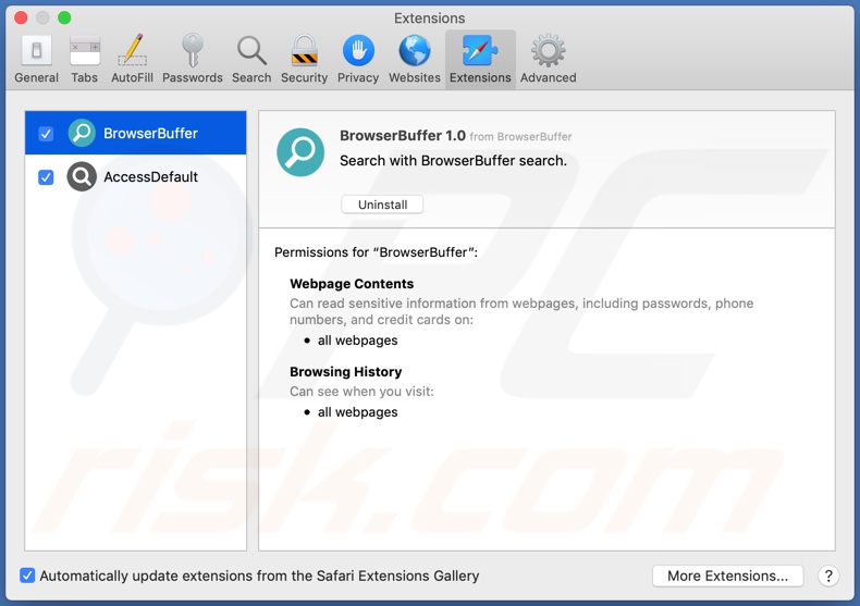 Adware BrowserBuffer instalado en Safari