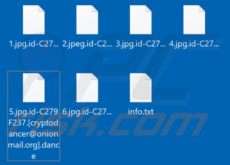 Archivos encriptados por el ransomware Dance (extensión .dance)