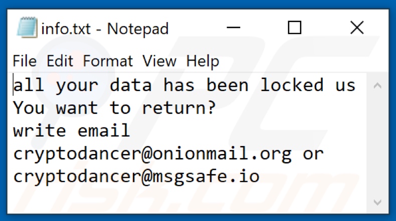 Archivo de texto del ransomware Dance (info.txt)