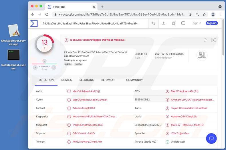 Adware DesktopInput detectado en VirusTotal