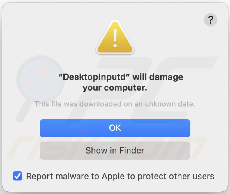 Ventana emergente que se muestra cuando se detecta el adware DesktopInput en el sistema