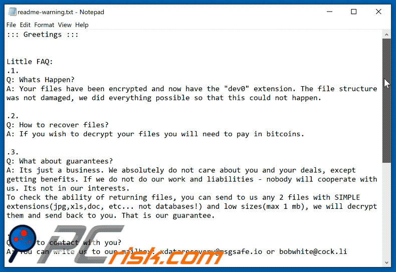 Apariencia de la nota de rescate del ransomware Dev0 GIF (readme-warning.txt)