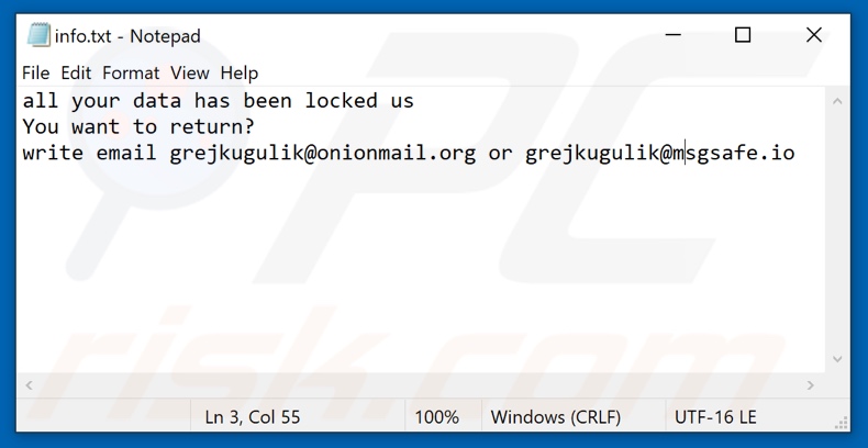 Archivo de texto del ransomware Grej (info.txt)