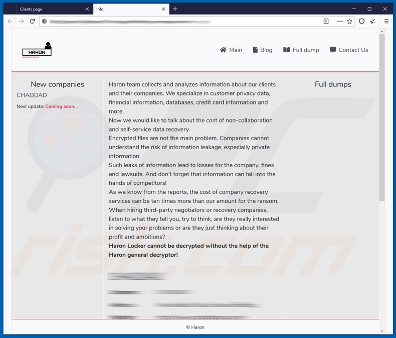 Blog de filtración de datos del ransomware Haron