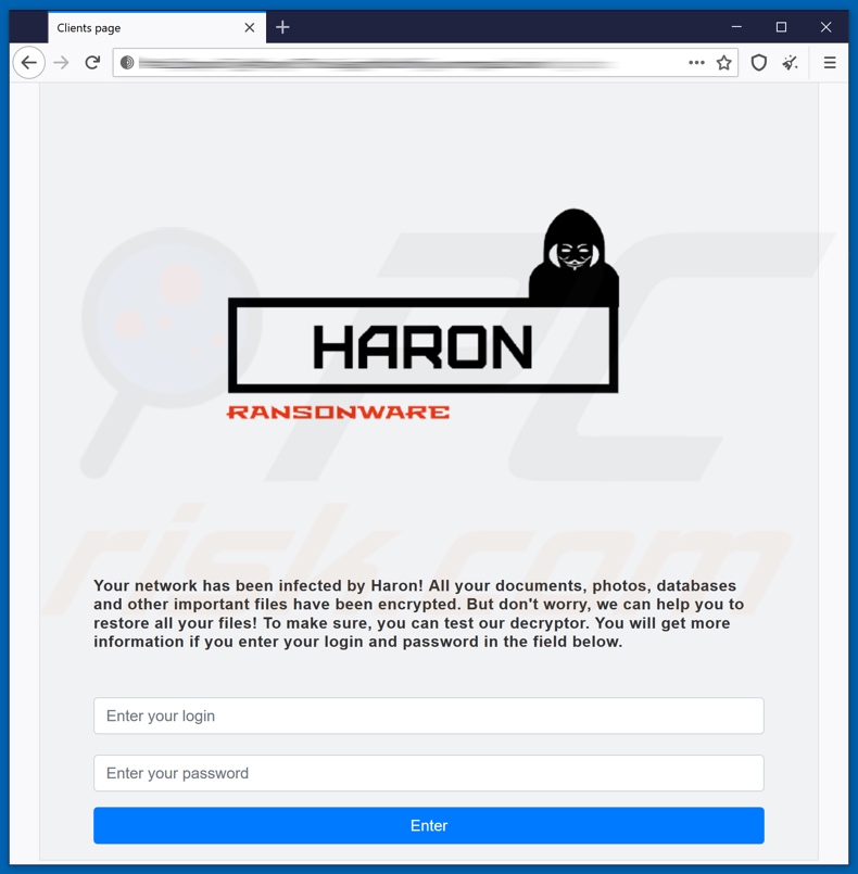Página web de inicio de sesión del ransomware Haron